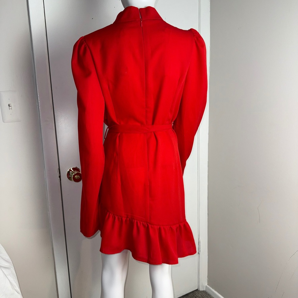 Red Mock Neck Long Sleeve Ruffle Hem Tie Waist Mini Dress Puff Shoulder Size M‎ - Picture 9 of 14